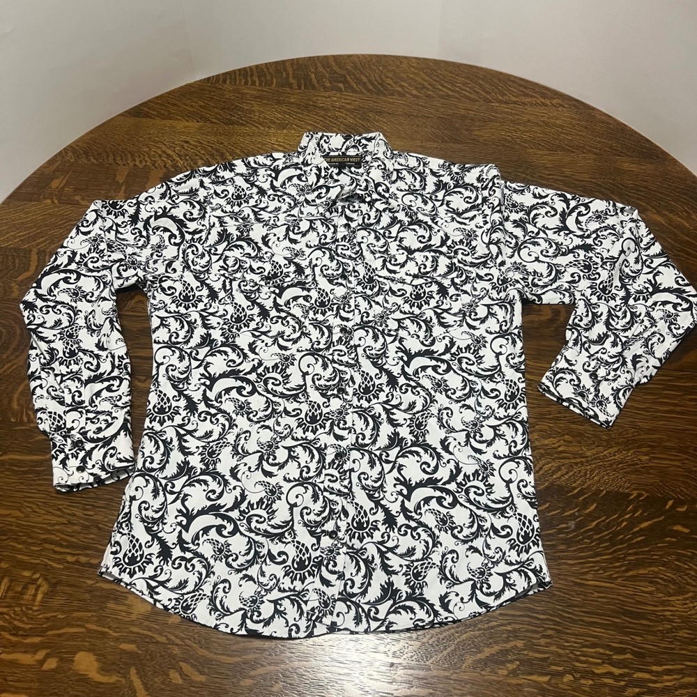 The American West Western Shirt Mens Medium Black White Paisley Snap Pockets